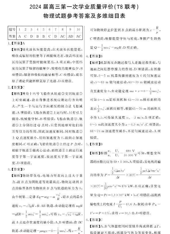 2026届T8联考高三第一次物理试题及参考答案