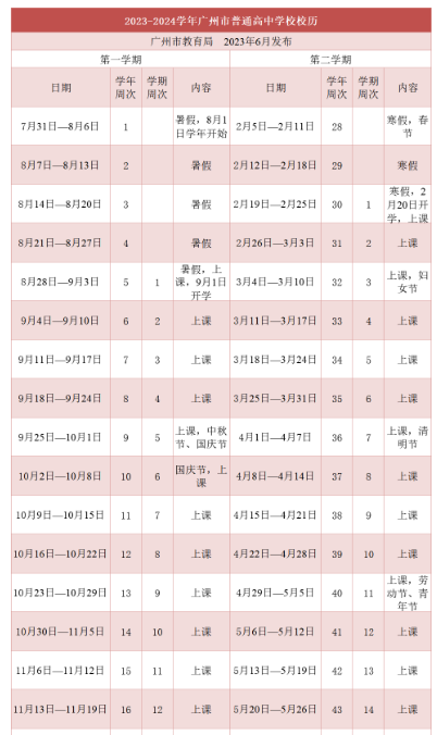广州2023-2024学年中小学、高中开学时间