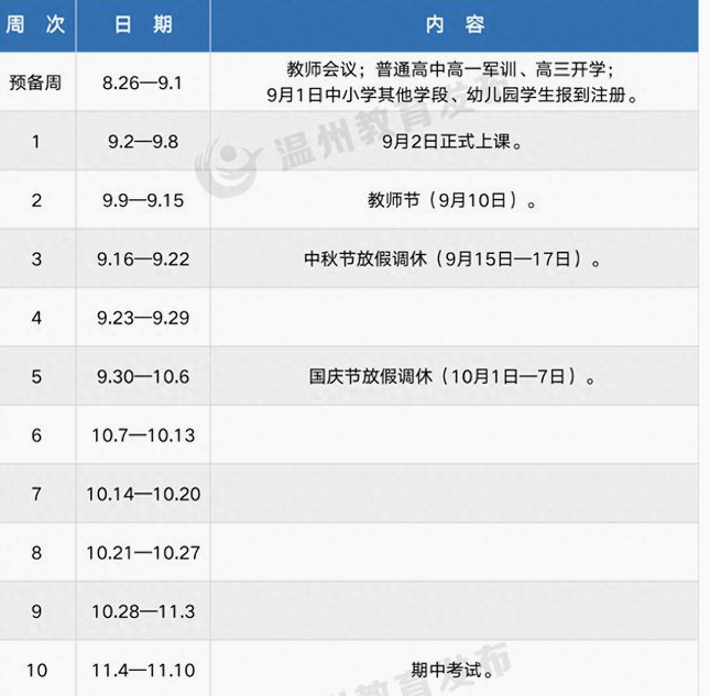 温州市中小学生秋季开学校历